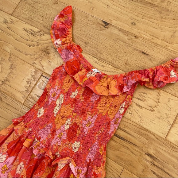 Abel the Label Off The Shoulder Ruffle Maxi Dress Pink Orange Floral Size Small - Picture 5 of 10
